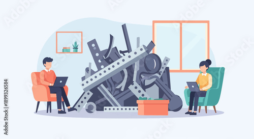 Two people working on laptops with a pile of scrap metal