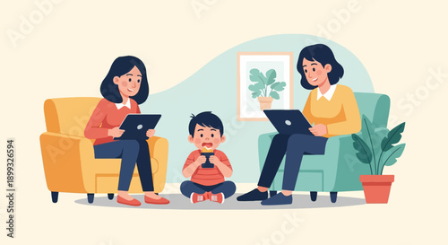 Two women and a child engrossed in digital devices in a cozy living room