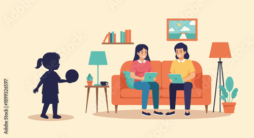 Two women on a couch using laptops, a child with a ball