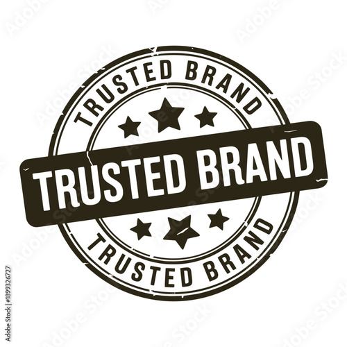 A circular black and white trusted brand seal with stars and text