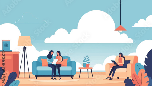 Two women converse on sofa, another on armchair, with furniture and plants