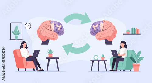 Two people working on laptops with brains and arrows symbolizing communication