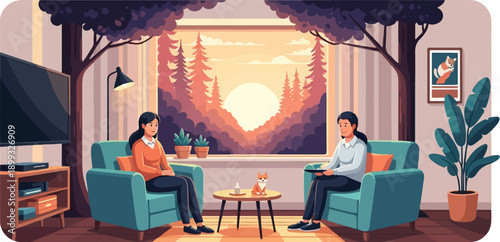 Two women and a dog relax in a cozy living room at sunset