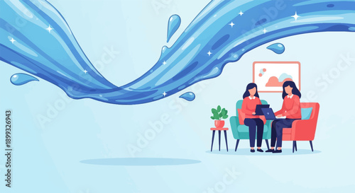 Two people working on laptops in a room with a large water splash graphic