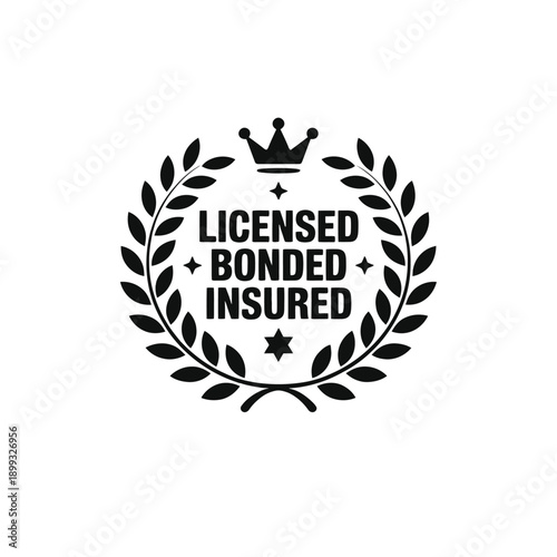 Black and white emblem featuring a crown wreath and licensing information