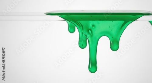 Oozing viscous substance in vibrant green color dripping slowly down a clear surface. The movement is deliberate and thick, experiment, gel, transparent