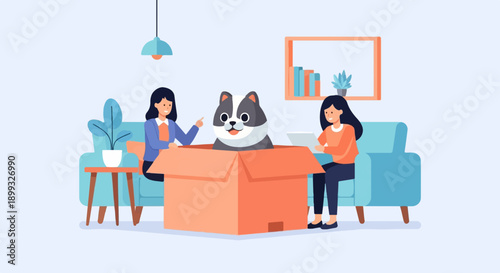 Two women and a dog in a box on a sofa in a living room