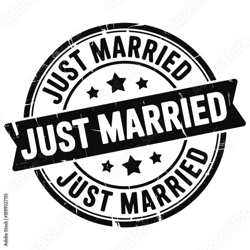 A circular black and white stamp declaring just married with stars