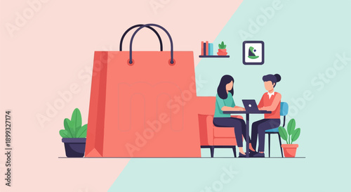 Two women collaborate with laptops near a large shopping bag