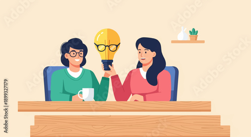 Two women collaborate, one holds a glowing lightbulb with glasses