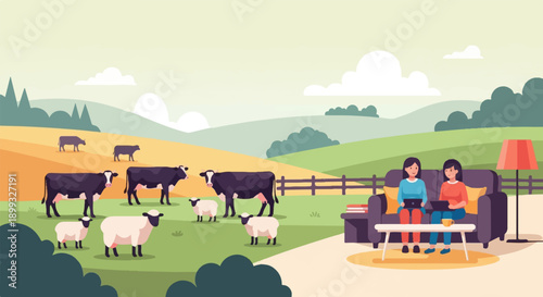 Two women on couch with laptops, cows and sheep graze on rolling hills