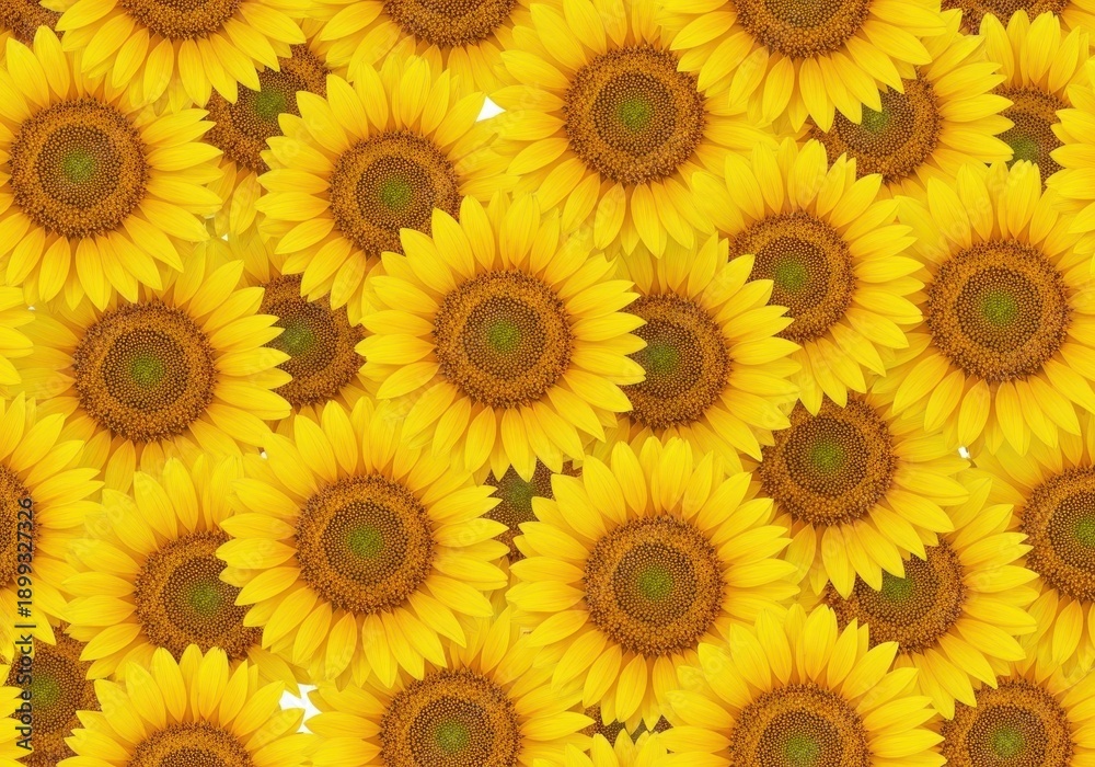 Fototapeta premium Repeating vibrant yellow sunflower heads densely packed together creating a cheerful, seamless floral background design ready for textile use, gold, head, petal
