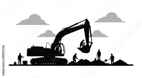 A black silhouette of an excavator and construction workers against a cloudy sky ideal for design work on transparent background silhouette