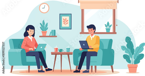 Two people working on laptops in a modern living room with plants