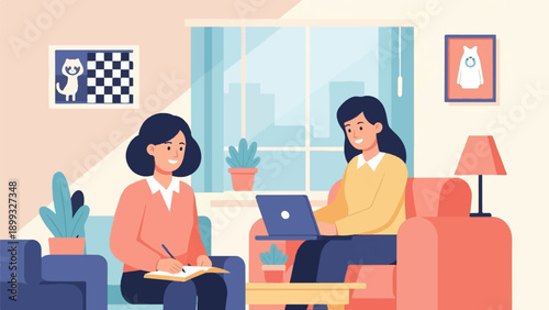 Two women collaborate in a cozy living room with laptops and notebooks