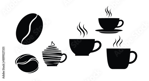 Collection of black silhouettes includes roasted coffee beans and various steaming coffee cups for a cafe themed design.