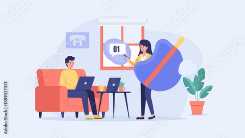 Two people working on laptops in a modern living room with abstract art