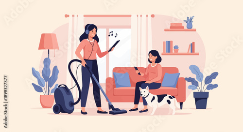 Two women and a dog in a living room with a vacuum