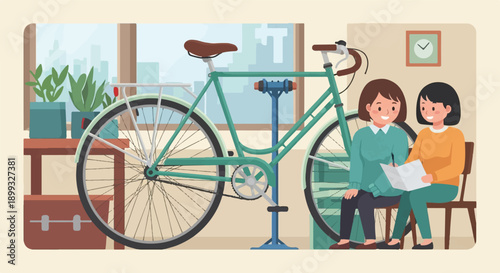 Two women collaborate on a bicycle repair indoors, with plants nearby