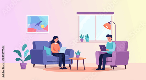 Two people working on laptops in a modern living room (1)