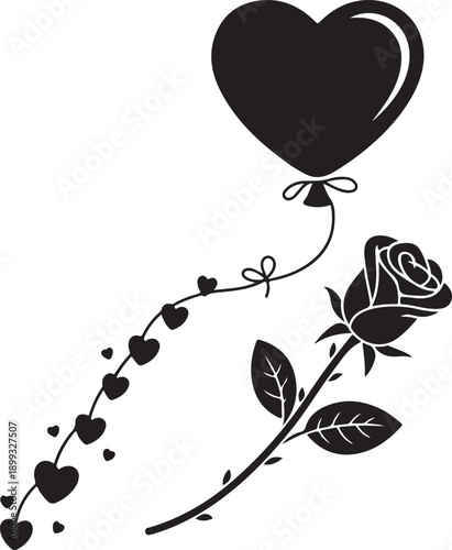 Black silhouette of rose flower flying on heart balloon with con