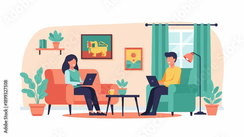 Two people working on laptops in a living room