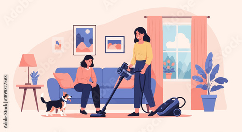 Two women cleaning a living room with a dog nearby