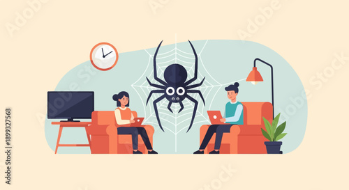 Two people working on laptops in a living room with a large spider
