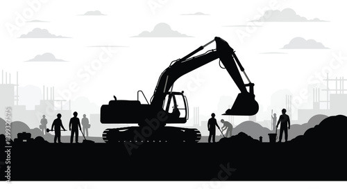 A black silhouette of an excavator at a construction site with workers set on transparent background high quality professional detailed modern