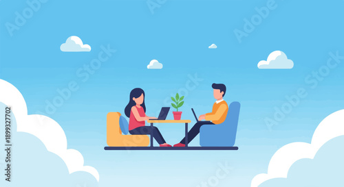 Two people working on laptops in a dreamlike sky with clouds