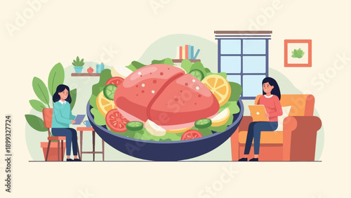 Two women are working on laptops near a large salad in a cozy indoor setting