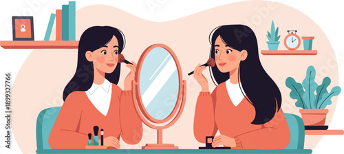 Two women applying makeup in front of mirrors with cosmetic brushes