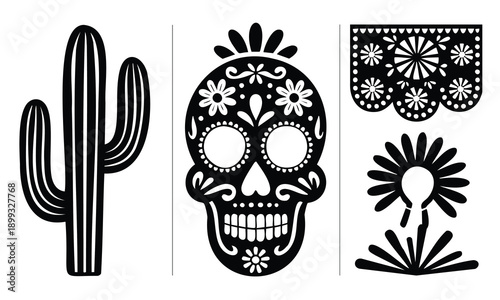 Set bundle Cinco De Mayo silhouette, Mexican cactus, sugar skull and papel picado