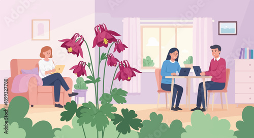 Two people working on laptops in a cozy room with flowers