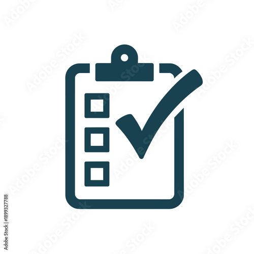 A dark teal clipboard icon featuring checkboxes with one marked as completed