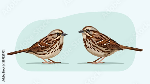 Two small birds with brown and white plumage face each other