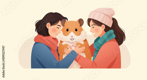 Two smiling people in winter clothes embrace a fluffy hamster