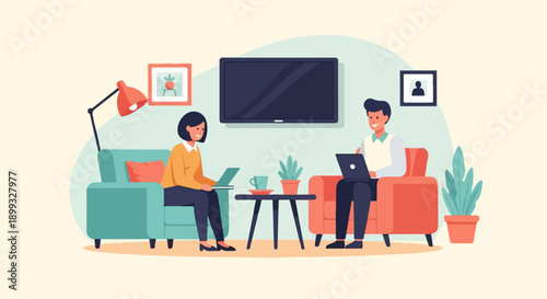Two people working on laptops in a cozy living room with plants and a tv