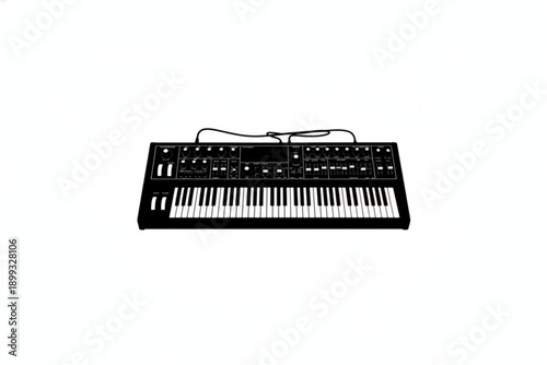 Musical Instrument: A sleek, modern synthesizer keyboard, ready for creating immersive soundscapes and musical compositions, featuring an array of controls and keys.