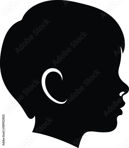 Child profile silhouette icon, black head illustration with distinct features, vector design for identity and education theme, isolated on white background