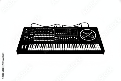 The Black Music Synth Keyboard: An abstract, high-contrast image of a black electronic music keyboard with intricate knobs, faders, and keys, representing music production, sound design.