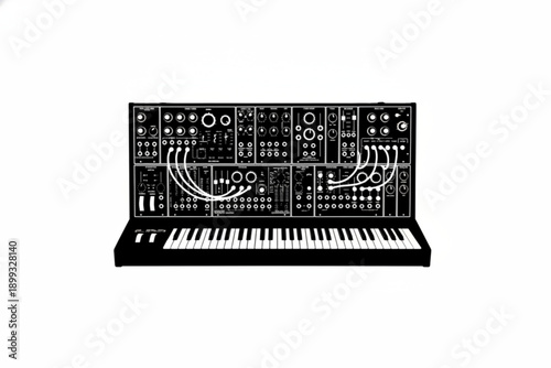 Synthesizer's Symphony: An intricate synthesizer with a keyboard and an array of knobs, switches, and patch cables. It stands as a symbol of music technology and sonic creativity. 