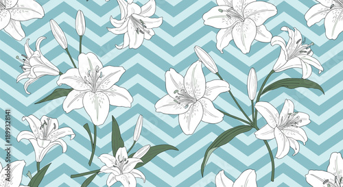 Bold seamless pattern featuring white lily flowers and green buds against a light blue and white horizontal zigzag background for decor.