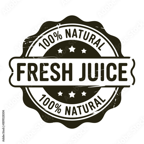 A vintage style black and white badge proclaiming 100 natural fresh juice
