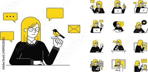 Digital Communication and Productivity Illustration Set with Woman Using Messages, Email, Notifications, Social Media, and Online Work Tools