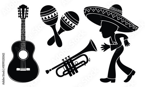 Set bundle Cinco De Mayo silhouette, musical instruments and mariachi man