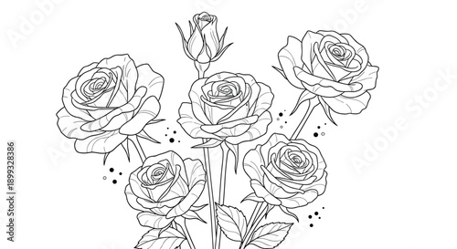 Elegant black and white line art illustrates a bouquet of blooming roses and buds with delicate leaves on a plain background.