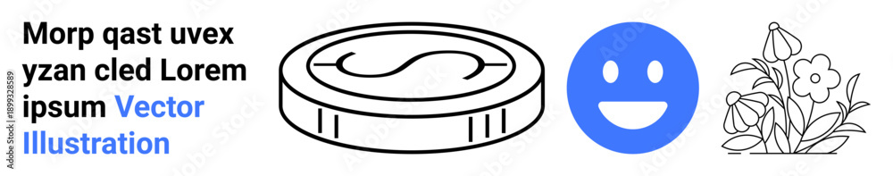 Fototapeta premium Economy, emotions, nature, finance, positivity botanical art. Includes a coin symbol a happy face and flowers. Economy and emotions concepts. Line metaphor. Simple line icons