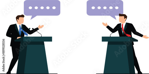 Political Debate Illustration with Two Candidates Speaking at Podiums, Election Campaign Discussion, Public Speech, and Democratic Communication Concept for Media Design