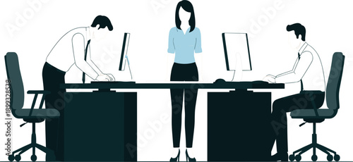 Office Teamwork Illustration with Professional Employees Working at Desks, Business Collaboration Scene, Modern Corporate Workspace Concept for Company and Startup Designs